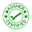 Grunge green kosher certified word with mark icon round rubber seal stamp on white background