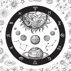 astrology concept with planets. hand drawn universe, planetary system and zodiac constellations. lin