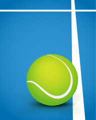 Wall Mural - Detail of green tennis ball on blue playground