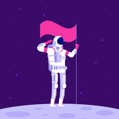 Wall Mural - astronaut on moon. cosmonaut holging flag on lifeless planet in outer space. astronautics vector bac