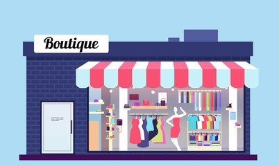 Wall Mural - Fashion store exterior. Beauty shop boutique exterior with storefront and clothes. Vector illustration