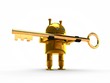 beautiful image of a humanoid robot, a symbol of evil, of gold, holding in hands a gold key from the castle, one on a white background. 3D rendering