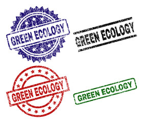 Sticker - GREEN ECOLOGY seal prints with damaged texture. Black, green,red,blue vector rubber prints of GREEN ECOLOGY text with unclean surface. Rubber seals with round, rectangle, medal shapes.