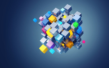 3D rendering abstract block of color cubes, on blue background. File contains a path to isolation.