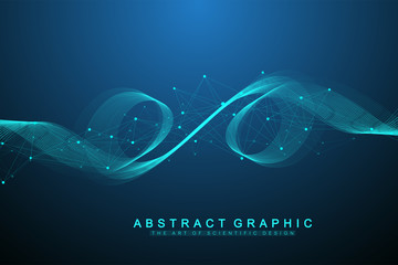 Poster - Vector abstract background with a colored dynamic waves, line and particles. Wave flow. Digital frequency track equalizer.