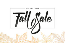 Handwritten Brush Type Lettering Of Fall Sale In Frame On Foliage Background. Discount Special Offer