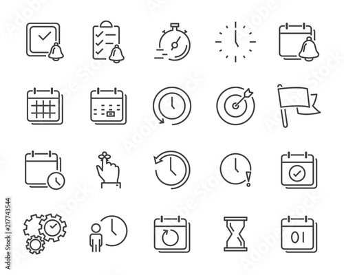 Cuadros en Lienzo set of time relation vector line icon, such as calendar, reminder, day, year, ev