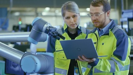 Wall Mural - At the Factory: Female Chief Production Engineer and  Male Automation Engineer Use Laptop for Programming Robotic Arm and Discuss Efficiency of the Endeavour.