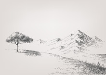 Alpine Meadow Hand Drawing. High Hills And Mountains In The Background