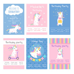 Sticker - Cards invitations. Design template cards with pictures of cute unicorns