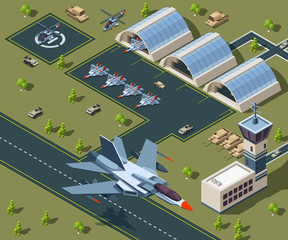 Canvas Print - Military airport isometric. Low poly 3d of usa aircraft