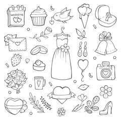 Wall Mural - Wedding day icons. Various pictures of brides and wedding tools