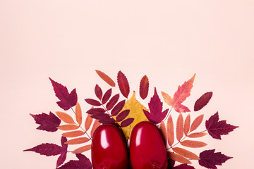 female fashion autumn rubber boots and dry leaves on pastel color background