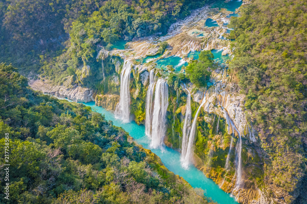 Poster Amazing crystalline blue water of Tamul waterfall at Huasteca Potosina in San Luis Potosi Poster Amazing crystalline blue water of Tamul waterfall at Huasteca Potosina in San Luis Potosi