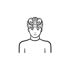 Sticker - Man wearing bicycle helmet hand drawn outline doodle icon. Bicycle equipment, cycling and riding safety concept. Vector sketch illustration for print, web, mobile and infographics on white background.