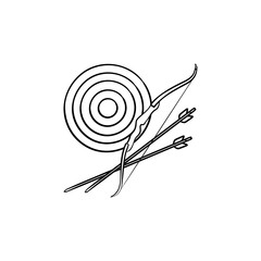 Poster - Target, bow and arrows hand drawn outline doodle icon. Arrows goal, bullseye and target board concept. Vector sketch illustration for print, web, mobile and infographics on white background.