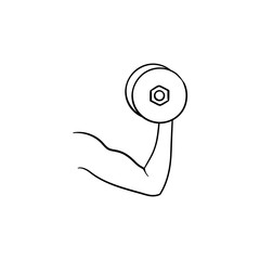 Poster - Arm with dumbbell hand drawn outline doodle icon. Bodybuilding, fitness and gym, biceps muscle concept. Vector sketch illustration for print, web, mobile and infographics on white background.