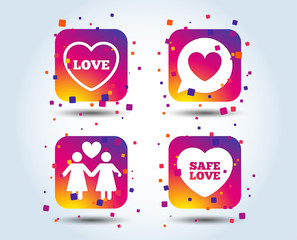 Lesbians couple sign. Speech bubble with heart icon. Female love female. Heart symbol. Colour gradient square buttons. Flat design concept. Vector