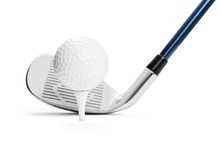Golf Ball On Tee In Front Of Golf Stick On White Background, Included Clipping Path