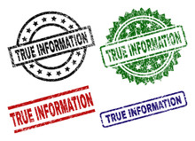 TRUE INFORMATION Seal Prints With Corroded Texture. Black, Green,red,blue Vector Rubber Prints Of TRUE INFORMATION Text With Corroded Style. Rubber Seals With Circle, Rectangle, Medal Shapes.