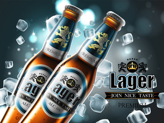 Wall Mural - Design of advertising beer with two bottles in ice cubes. High detailed delicous illustration.