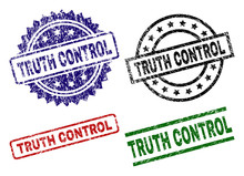 TRUTH CONTROL Seal Stamps With Corroded Style. Black, Green,red,blue Vector Rubber Prints Of TRUTH CONTROL Title With Corroded Style. Rubber Seals With Round, Rectangle, Medal Shapes.