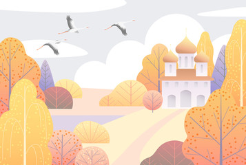 Wall Mural - Rural Scene with Church and Yellow Trees