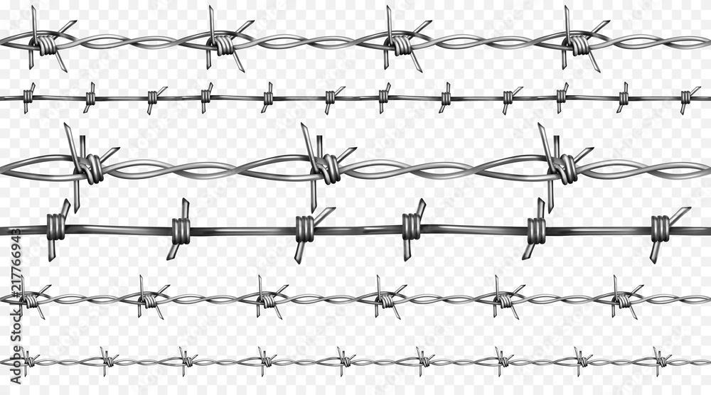 Barbed or barb wire vector illustration of seamless realistic 3D metallic fence wires with sharp edges isolated on white background - obrazy, fototapety, plakaty 