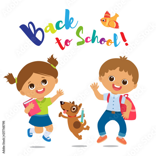 Vector Illustration Of Happy School Kids Go To School Welcome Back To School Cute School Boy And Girl With Book And Schoolbag On A White Background Buy This Stock Vector And