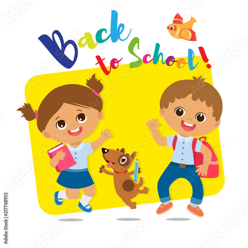 Vector Illustration Of Happy School Kids Go To School Welcome Back To School Cute School Boy And Girl With Book And Schoolbag Stock Vector Adobe Stock