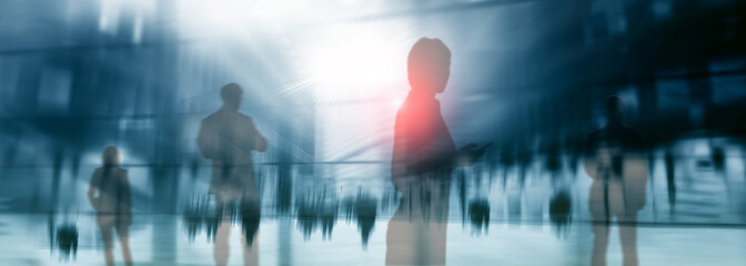 Wall Mural - Silhouettes of people walking in the street near skyscrapers and modern office buildings. Multiple exposure blurred image. Economy, finances, business concept illustration. Conseptual. 