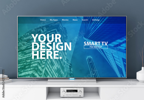 Download Smart Tv On White Console Mockup Stock Template Adobe Stock