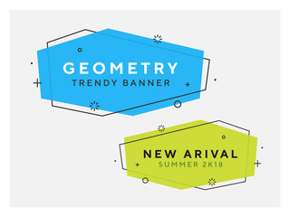 Aufkleber - Set of trendy flat geometric vector banners. Vivid transparent banners in retro poster design style. Vintage colors and shapes. Green and blue colorss. 90s or 80s memphis style.