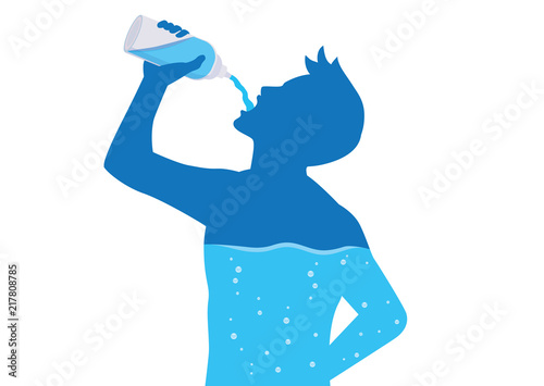 Cuadros en Lienzo Silhouette of man drinking water from bottle flow into body