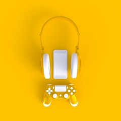 Wall Mural - Yellow joystick with yellow headphones and smart phone on yellow table background, Computer game competition, Gaming concept, 3D rendering