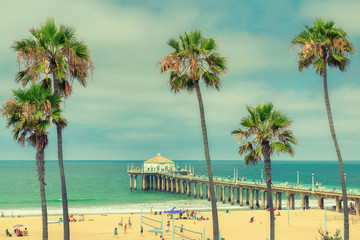 Wall Mural - Palm trees on Manhattan Beach and pier in Los Angeles, California. Vintage processed. Fashion travel and tropical beach concept. 