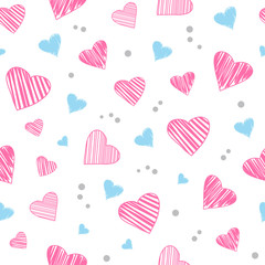 Wall Mural - Seamless pattern with light pink and blue hearts isolated on white background. Vector illustration