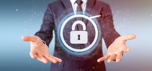 Poster - man holding a padlock web security concept 3d rendering