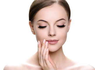 Wall Mural - beautiful brunette woman with beauty lashes and pink lipstick healthy skin isolated on white
