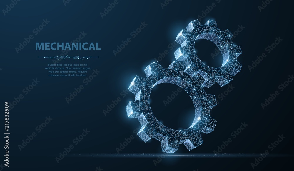 Gears. Abstract vector wireframe two gear 3d modern illustration on dark blue background. - obrazy, fototapety, plakaty 