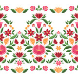 Hungarian folk pattern vector seamless border. Kalocsa embroidery floral ethnic ornament. Slavic eastern european print isolated. Vintage traditional flower design for woman clothing.