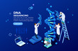 Health and biochemistry laboratory of nanotechnology. Molecule helix of dna, genome or gene evolution. Vector blue science genome clone sequence concept with characters. Flat isometric illustration.