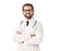 © LIGHTFIELD STUDIOS - handsome doctor in eyeglasses and white coat standing with crossed arms and smiling at camera isolated on white