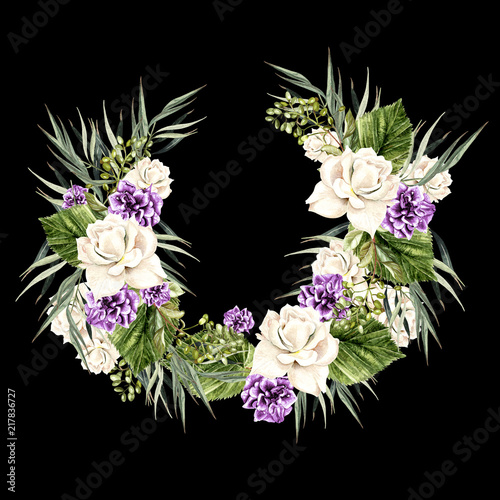 Watercolor Wreath with white  and purple rose.