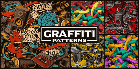 set of seamless patterns with graffiti art