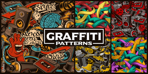 Photo Set of seamless patterns with graffiti art