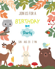 Wall Mural - Cute animal theme birthday party invitation card vector illustration.