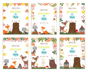 Wall Mural - set of cute animal theme birthday party invitation card vector illustration.