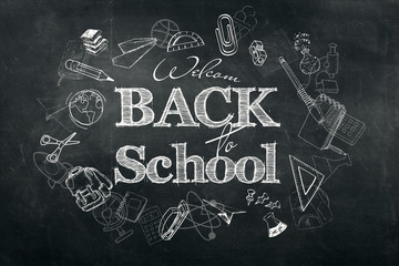 Inscription Back to school, chalk scribble background on blackboard. The concept of the day of knowledge, September 1, the beginning of classes.