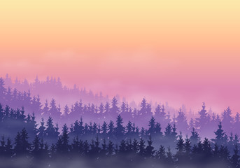 Poster - Coniferous forest in a mountain landscape with hills, with fog and clouds in the sky with purple and yellow dawn